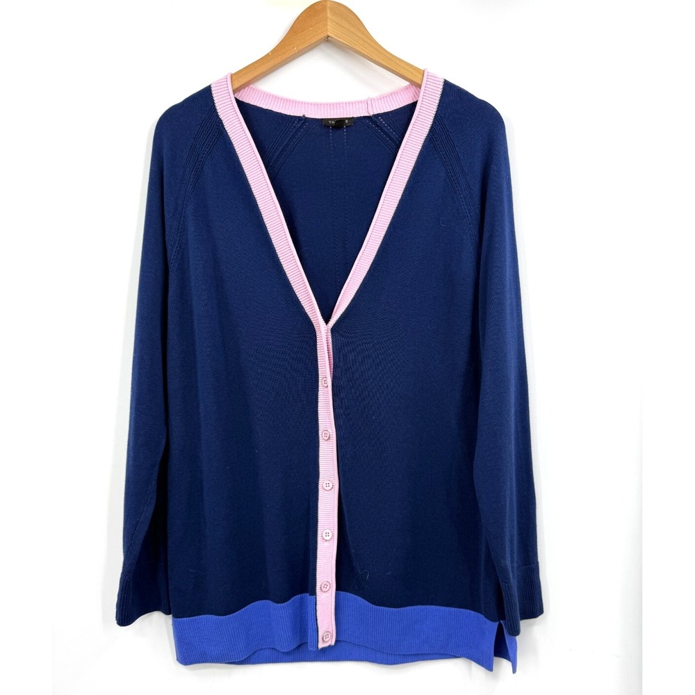 Talbots Cardigan Womens V Neck Button Down Knit Preppy Blue Pink Sweater‎ Size L